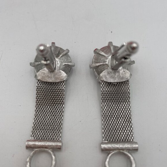 Vintage Dante Silver-Tone Cufflinks With Blue Rhinestones & Mesh Chain Design - Picture 4 of 5